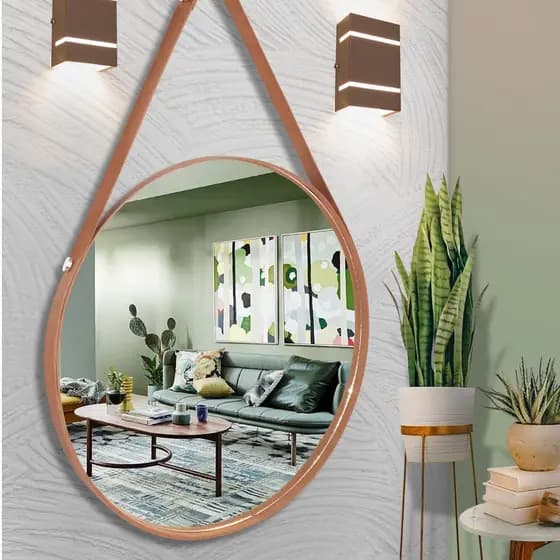 Espelho Redondo Adnet Decorativo com Alça em Couro 32cm e 45cm