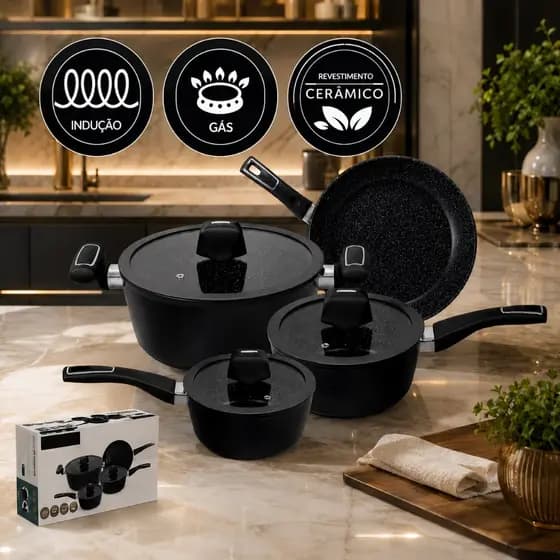 Jogo De Panelas Indução Antiaderente Kit 4 Peças Revestimento Cerâmico Milão