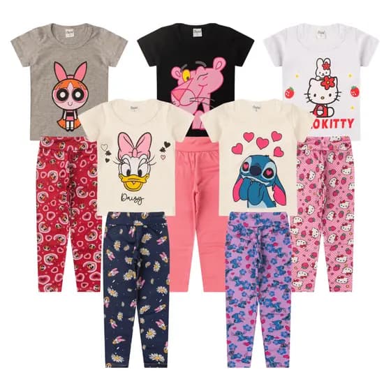 Kit 5 Conjunto Blusa Manga Curta + Legging Infantil Juvenil - Feminino/Menina Tamanho 3 ao 16 Verão