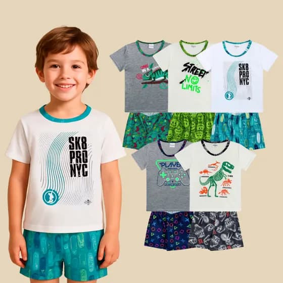Kit Sortido 5 Pijamas Sortidos 5 Camisetas + 5 Bermudas Masculino/Menino Infantil Verão 3 ao 16