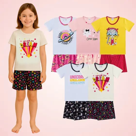 Kit Sortido 3 Conjuntos Pijama Menina Coleção Manga Curta + Bermuda Feminino Verão 3 ao 10