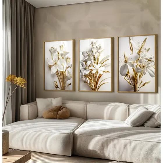 Quadro De Flores Decorativo Com Moldura E Vidro Quadro Para Sala Quarto Quadro Floral Trio Dourado