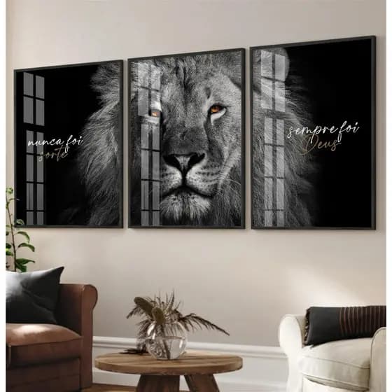 Quadro Leão de Juda Grande Trio De Quadros Decorativos Com Moldura Nunca Foi Sorte Sempre Foi Deus