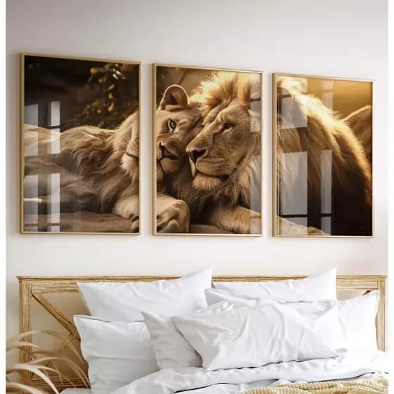 Quadro Decorativo Com Moldura E Vidro Para Sala Quarto Casal Escritório Trio Dourado Casal De Leões