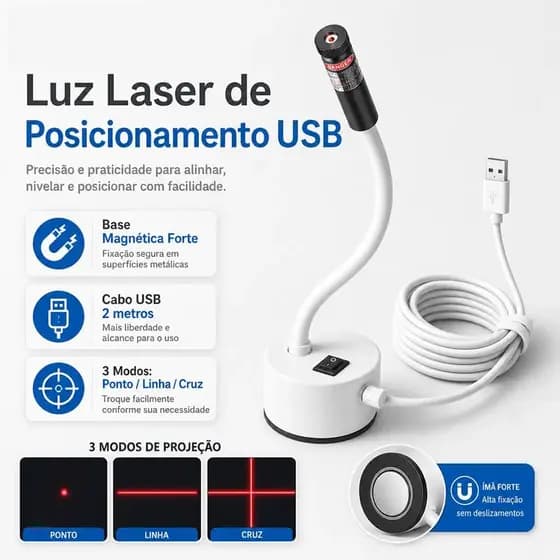 Laser Vermelho USB Infravermelho - Lâmpada de Trabalho com Base Magnética para Corte DC5V