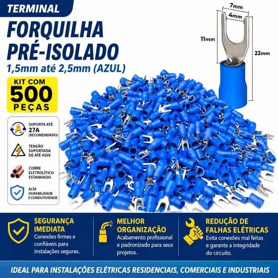 500 Peças Terminal Forquilha Pré-isolado 1,5-2,5mm, Conector Elétrico em Latão e PVC