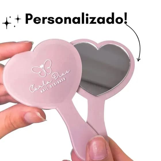 10uni - Espelho Personalizado Logo Kit 10 Coração Mini com Cabo Acrílico Brinde Cliente Maquiagem