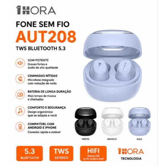 Fone Bluetooth 5.3 1Hora AUT208 TWS Sem Fio Som Potente Microfone Bateria Longa Android iPhone