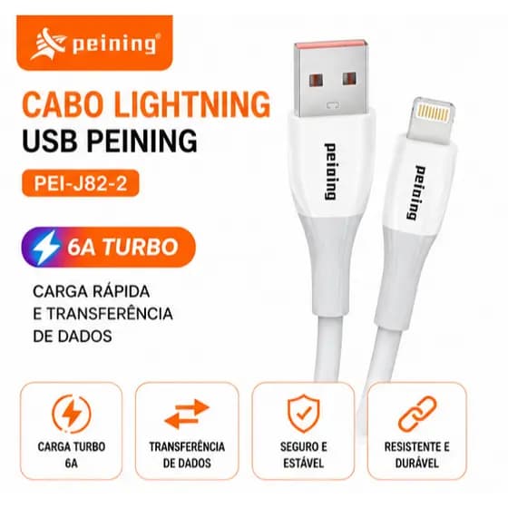 Cabo Lightning USB Peining PEI-J82-2 Turbo 6A iPhone Carregamento Rápido 1M