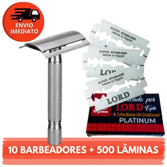 Combo 10 Aparelho Barbeador Metal Clássico Manual Retrô Profissional E Lâmina Descartável Navalha