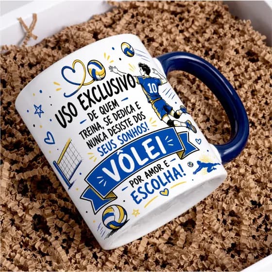Caneca Porcelana Jogador de Vôlei Rede Bola Competição