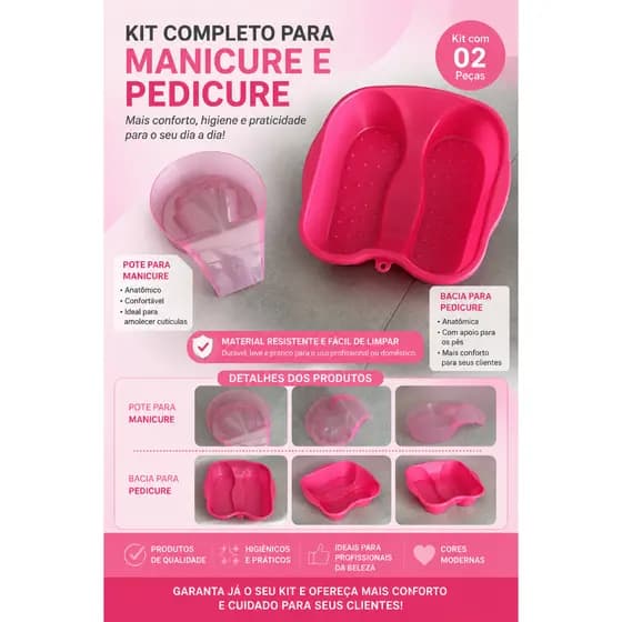Kit Bacia e Pote Pedicure e Manicure Podologia Limpeza Relaxamento Escalda Pés, Mãos e Unhas