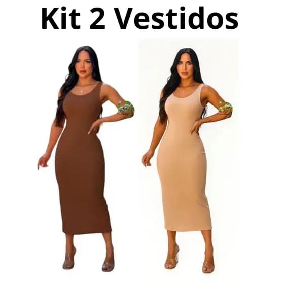 kiT 2 Vestidos Feminino Midi Alça Larga Elegante Colado Tubinho Decote Blogueira Tendencia Gringa Costa Nua