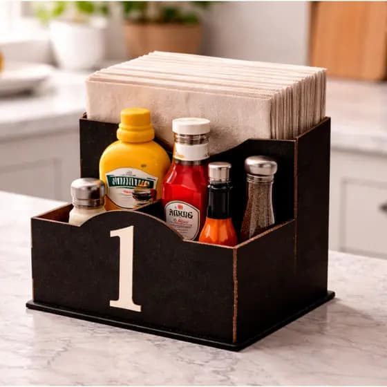 Kit 10 Porta Guardanapo Sache Condimento MDF Preto Numerado Organizador Mesa Lanchonete Restaurante