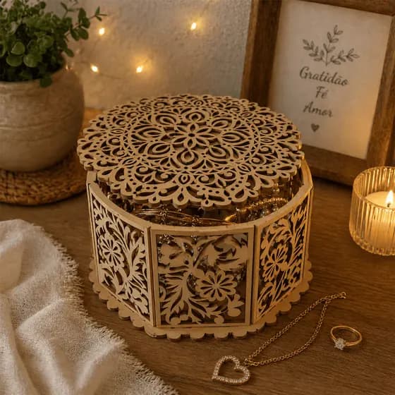 Caixa Mandala MDF Redonda Decorativa Corte a Laser Vazada Porta Joias Lembrancinhas Presente Artesanal Elegante Personal