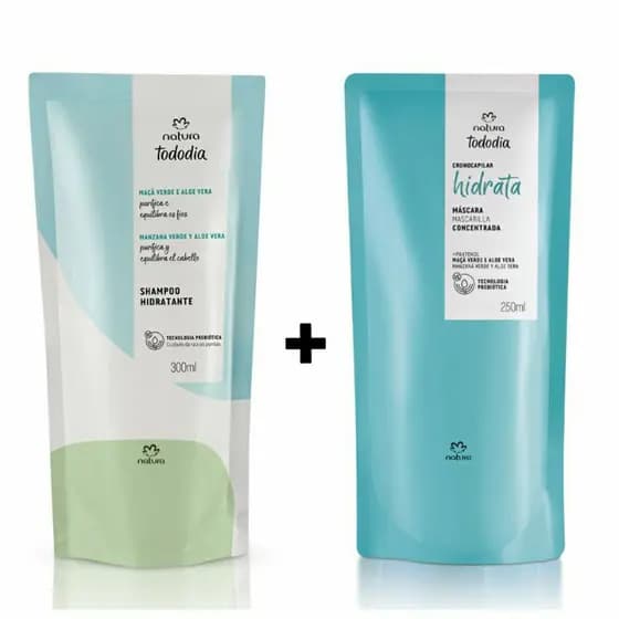 Kit Refil Shampoo Hidratante 300ml + Refil Máscara Concentrada Hidrata 250ml Maçã e Aloe Vera Tododia Natura