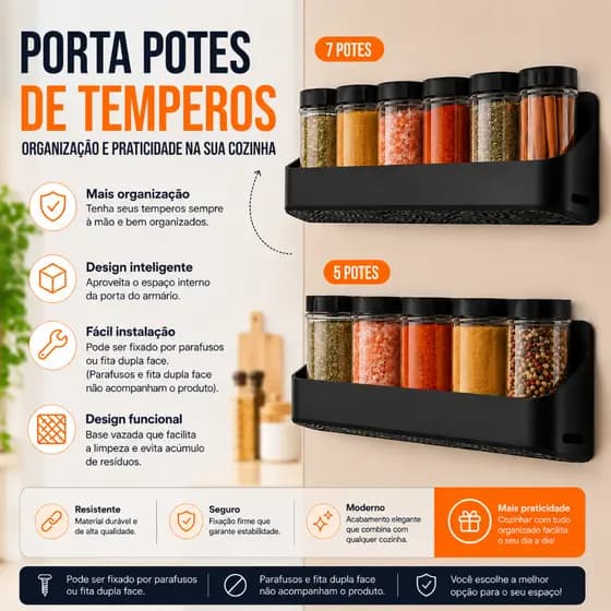 Suporte para Porta Temperos para Porta de Armário 5 e 7 Potes Organizador de Cozinha Suporte Multiuso Premium