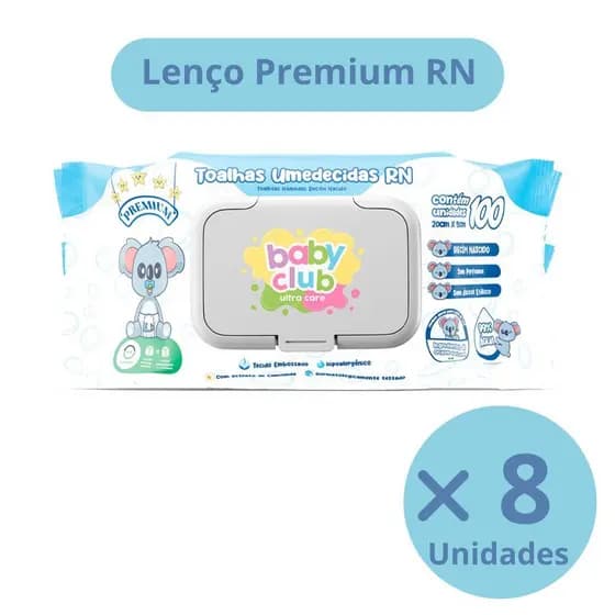 KIT C/8 UNIDADES TOALHAS UMEDECIDAS RECEM NASCIDO BABY CLUB PREMIUM 100 FOLHAS CADA