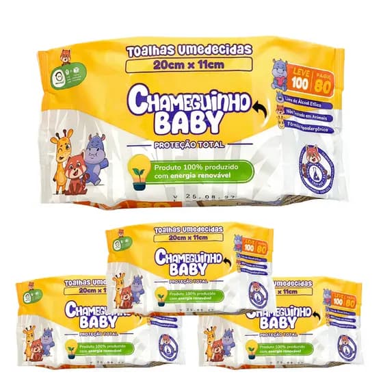 KIT 4 PACOTES CHAMEGUINHO BABY TOALHAS UMEDECIDAS LENÇO 100 FOLHAS CADA