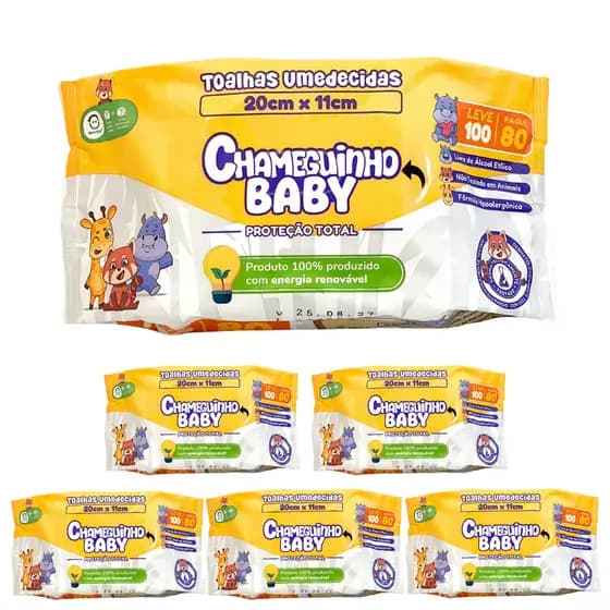 KIT 6 PACOTES CHAMEGUINHO BABY TOALHAS UMEDECIDAS LENÇO 100 FOLHAS CADA