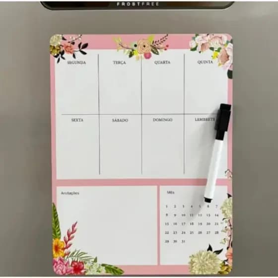 Planner Magnético Rosa Lousa Lembrete Imã Geladeira Porta Recados Anotação Semanal Mensal