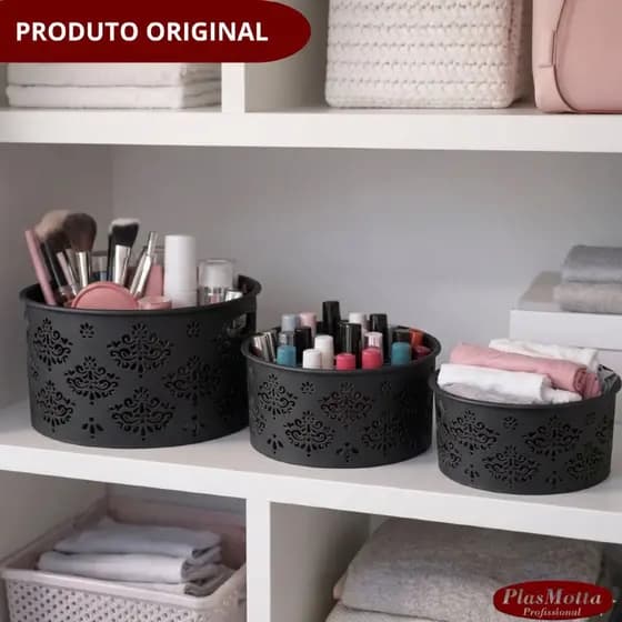 Kit Caixa Organizadora Preta 20, 10 e 5 Litros Organizador de Maquiagem Gavetas Bijouteria Multiuso
