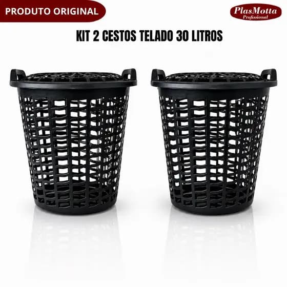 Kit 2 Cestos Telado 30 Litros Para Roupas Sujas Com Tampa Alças Super Resistente Moderno Com Furos Evita Mofo Lavanderia
