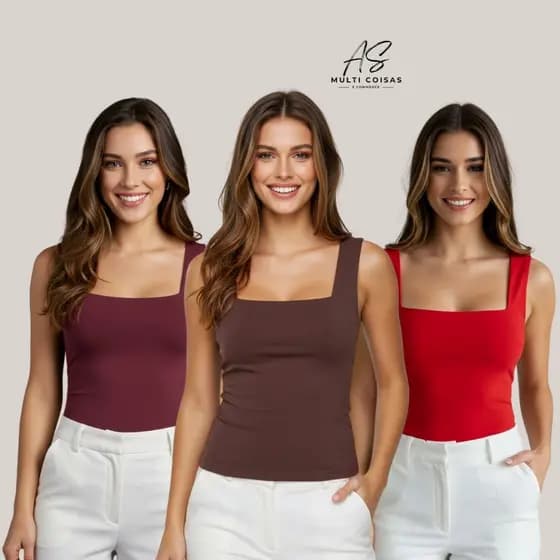 Kit 3 Blusinha Regata - Alça Gola Quadrada Elegante Casual Básico Tendência Influencer Verão