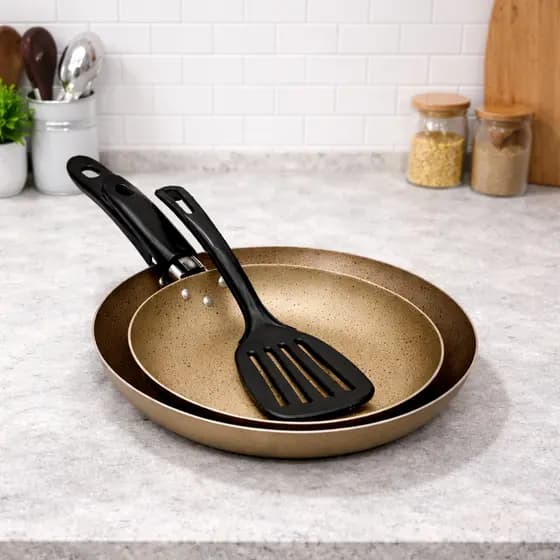 Kit 02 Frigideiras 18/22cm Antiaderente Teflon + Espátula Jogo Caçarola Panela Não Gruda Dourada