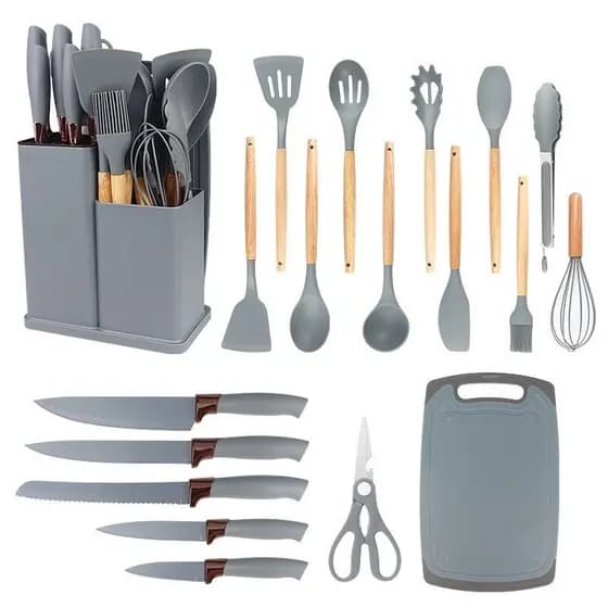 Kit Conjunto19/12 Pçs De Utensílios Facas Silicone Cozinha Jogo Completo Batedeira Colher Pegador R9