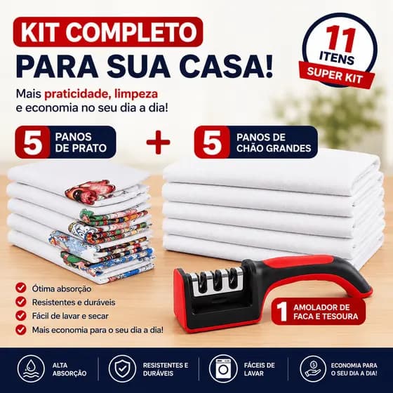 KIT PROMOÇÃO, 5 PANO DE CHÃO,5 PANO DE PRATO,AFIADOR DE FACA E TESOURA