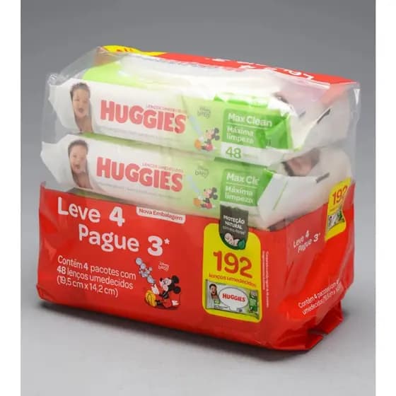 HUGGIES Kit Lenços Umedecidos Huggies Max Clean 4 com 48 un ou 2 com 92 un (TOTAL192 UNIDADES)