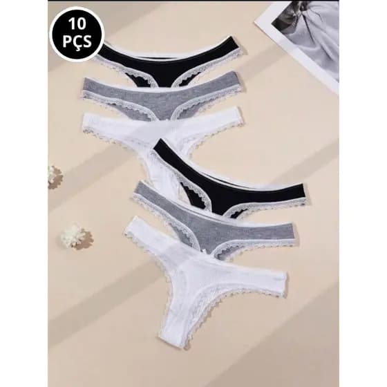 Kit 10 Calcinha Canelada Fio Dental Renda Confortável Sensual Dia a Dia Respirável Moda Intima