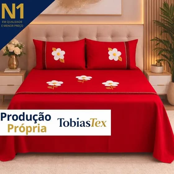 Jogo de Lençol Casal 3 peças Colcha Cama Casal Sem Babado Estampa Flor Bordada 1,90 x 2,20