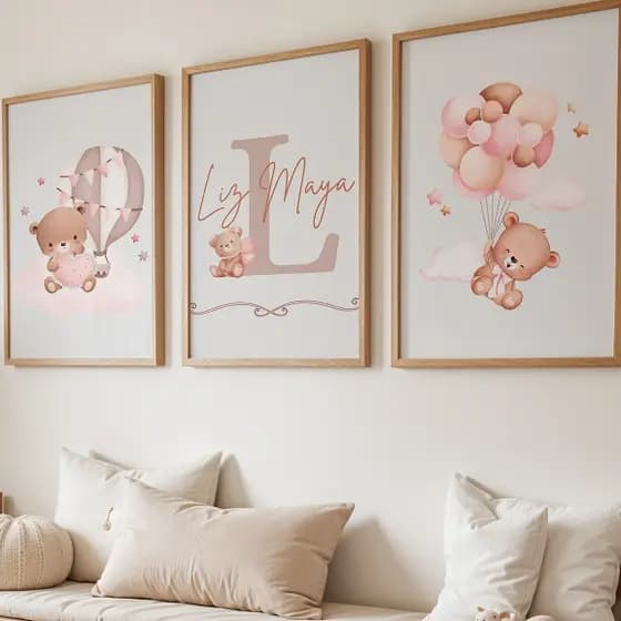 KIt Quadro COM OU SEM MOLDURA Ursinho Rosa com nome personalizado para quarto menina balao nuvem estilo chic
