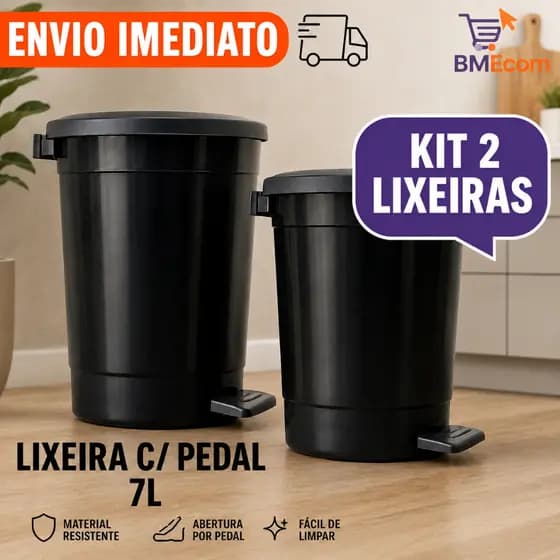 Kit 2 Lixeiras Redondas Com Pedal 7 Litros Cozinha Banheiro Lavanderia Escritório