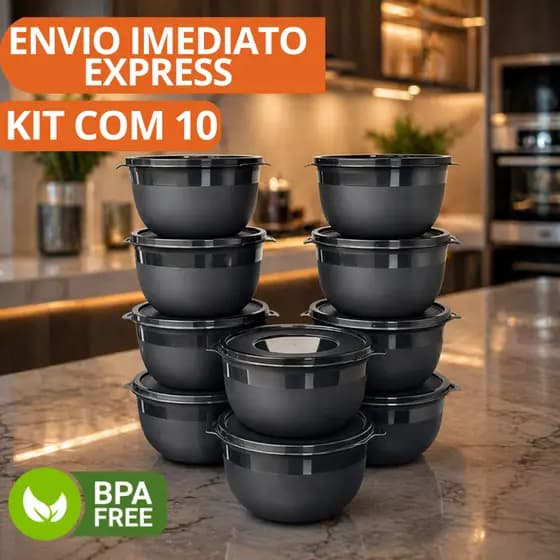 Kit 10 Bowl Preto Potes de Cozinha c Tampa Tapoer Alimentos e Marmitas Congelador
