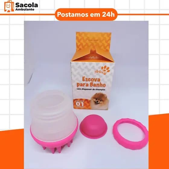 Escova De Banho para Pets com massageador escovinha de Silicone e Reservatório para Shampoo