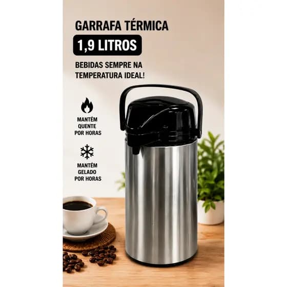 Garrafa Térmica Inox 1,9L Com Bomba De Pressão Mantém Quente Frio Ideal Para Chimarrão