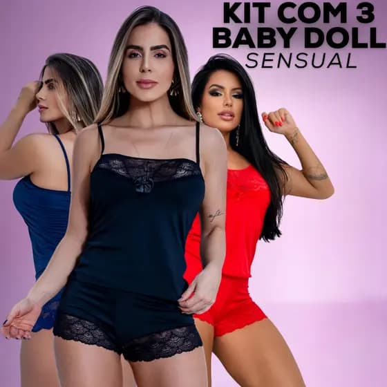 Kit Com 3 Baby Dolls Curtinho Luxo Sem Bojo Renda Sensual Pijama Confortável Completo Linha Noite