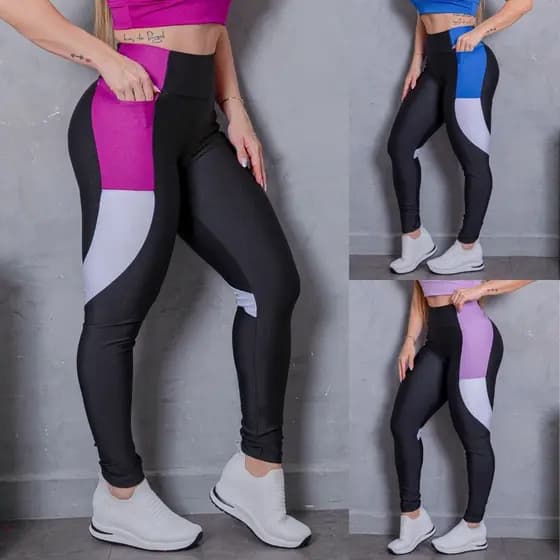 Calça Legging Ginástica Modela Cintura Com Bolsos Laterais Listra Esportiva Treino - Academia - Exercícios