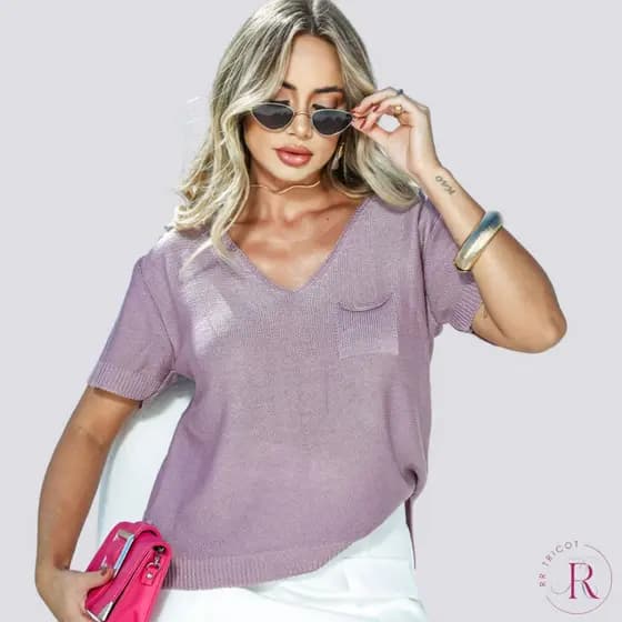 Blusa de Tricot Manga Curta Bolso na frente Qualidade Premium