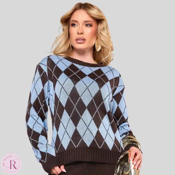 Blusa Feminina Tricô Xadrez Losango Manga Longa Tricot Modal Ampla Inverno Elegante