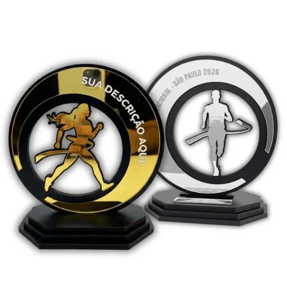 Troféu Corrida Personalizado a Laser Masculino Feminino Acrílico MDF Ouro Prata e Bronze