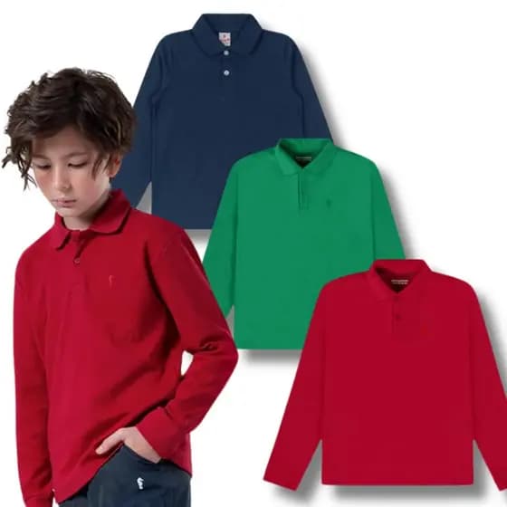 Kit 3 Camiseta Polo Infantil e Juvenil Manga Longa 1 ao 14