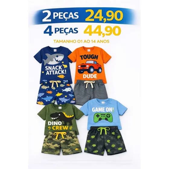 Kit 2 peças e 4 Peças Conjuntos Sortido Camiseta + Shorts Estampados Infantil Menino Tamanho 1 ao 14
