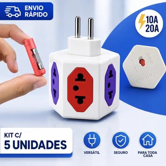 Adaptador de Energia 6 Saídas Sextavado 10A/20A com Pino Maciço – Cores Variadas