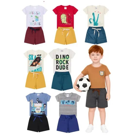 KIT CONJUNTO ROUPA JUVENIL INFANTIL MENINO MASCULINA VERÃO CONJUNTO CAMISA MANGA CURTA + BERMUDA TAM 1-16