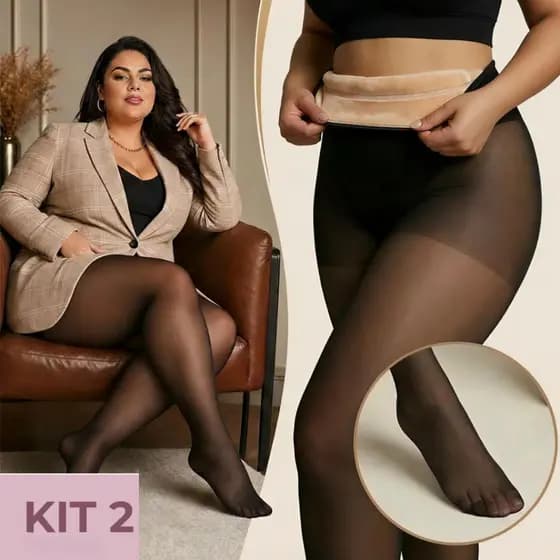 Kit 2 Meia Calça Plus Size de Lã Térmica Translúcida Forrada Pelinho Peluciada Frio