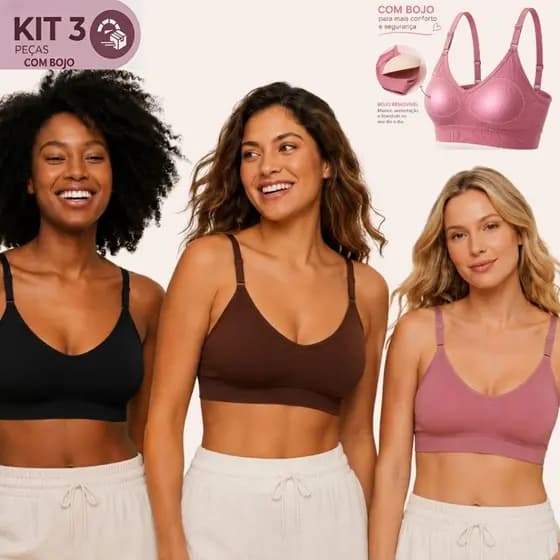 Kit 3 Sutiã Com Bojo Removível Confortável Sustentação Sem Aro Não Machuca Modela P/M e G/GG Promoção